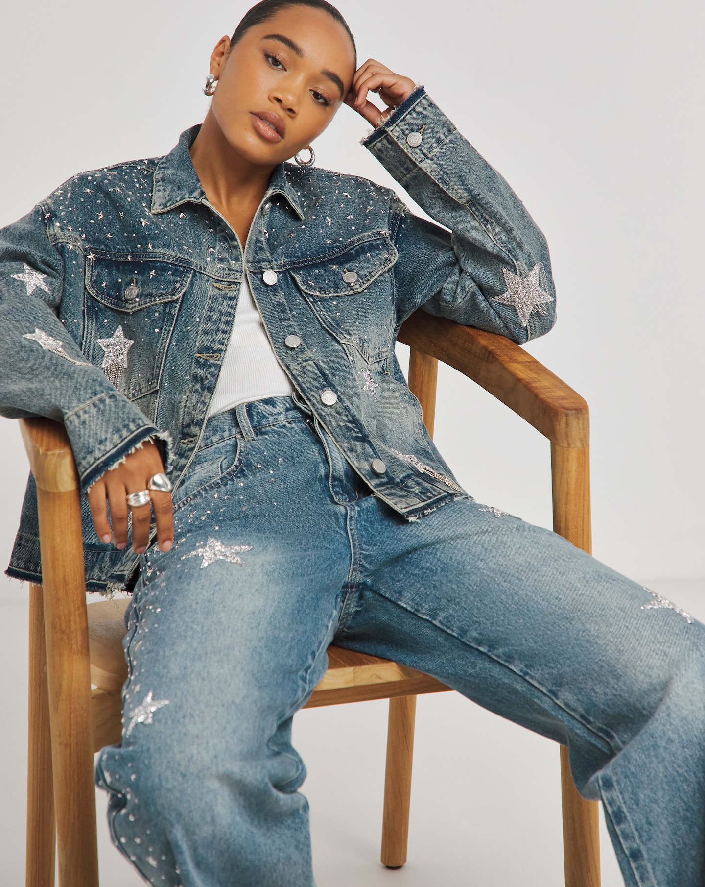 Star Embellished Boyfriend Denim Jacket Simply Be