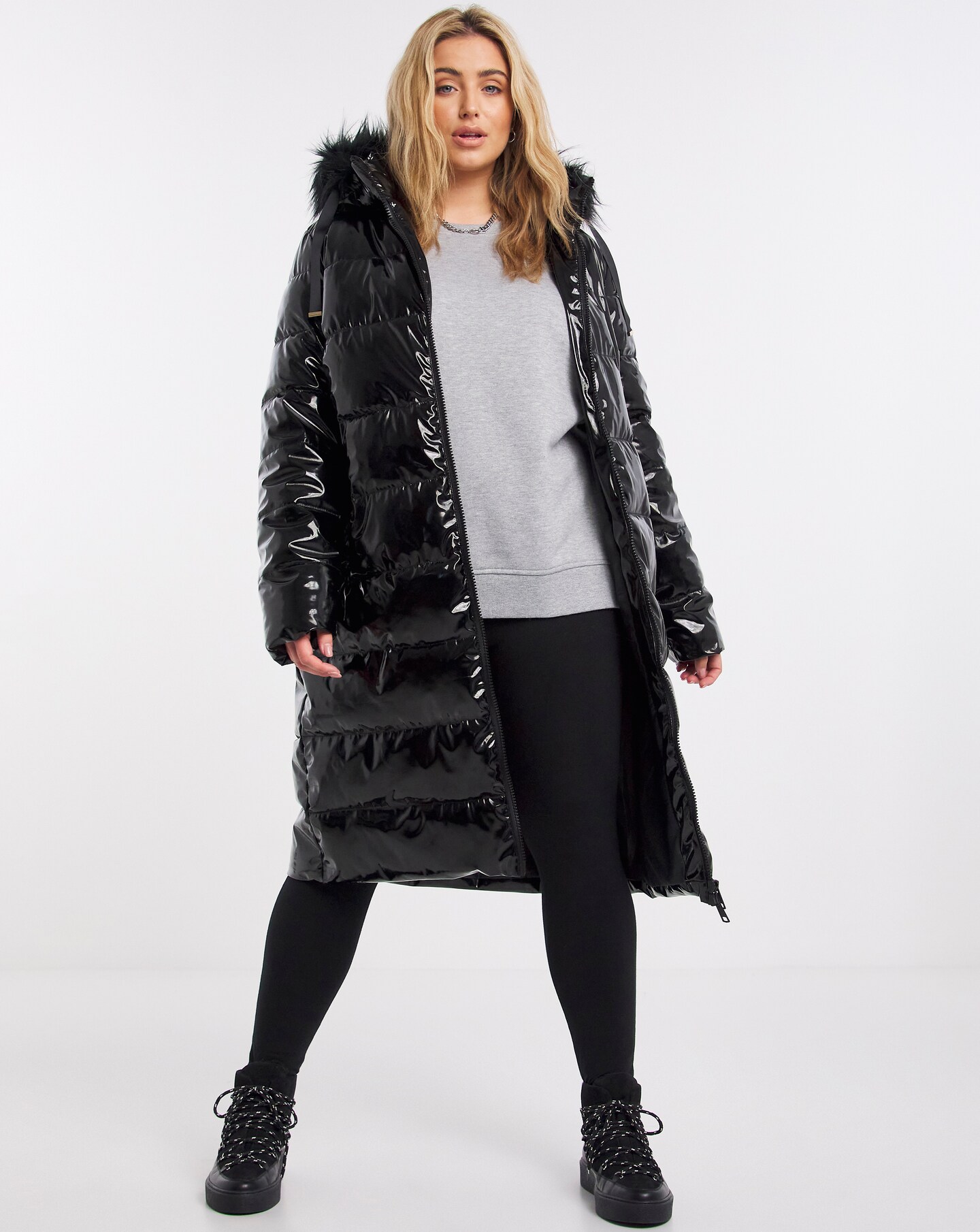 high shine puffer jacket with faux fur hood