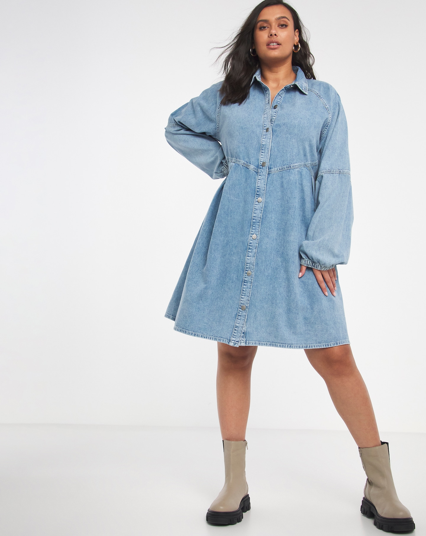 Bleach Wash Denim Smock Shirt Dress 